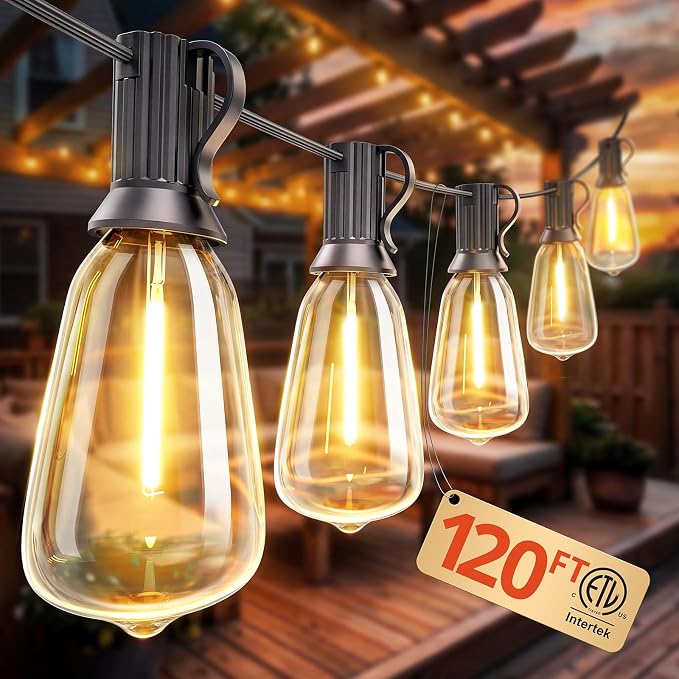 VIPAR Outdoor String Lights 120FT Patio Lights Outdoor Waterproof with 56+2 Shatterproof ST38 Edison Lights Bulb, LED Outside Hanging Light Connectable for Backyard, Porch, Garden, yard, Bistro, 2700K