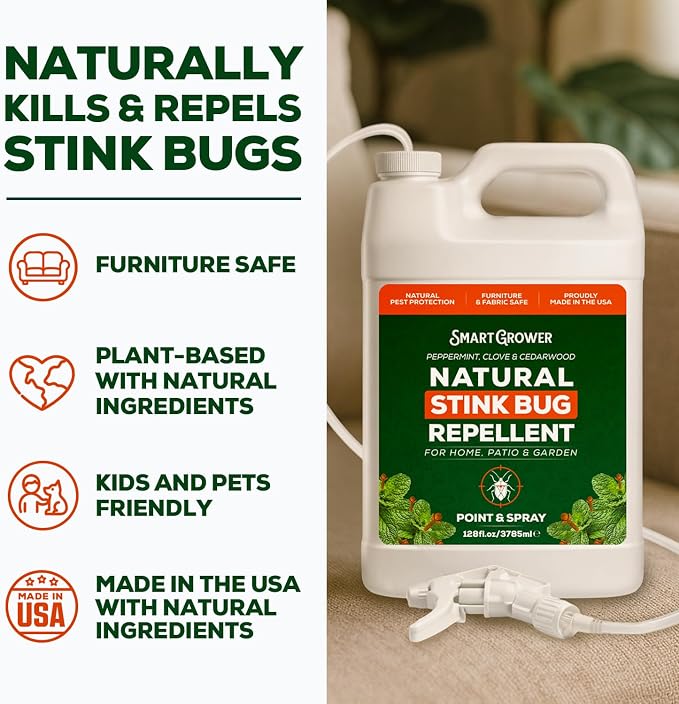 Natural Stink Bug Spray 128oz with Trigger Sprayer-Repellent for Indoor & Outdoor Use – Plant-Based Stink Bug Eliminator with Essential Oils, Stain-Free on Fabric, Pet & Family Friendly - Smart Grower