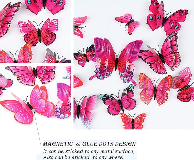 OPSEAM Butterfly Wall Decor 24/48 PCS, 3D Butterflies Stickers for Party Decorations with Magnets (Purple&red, 24)