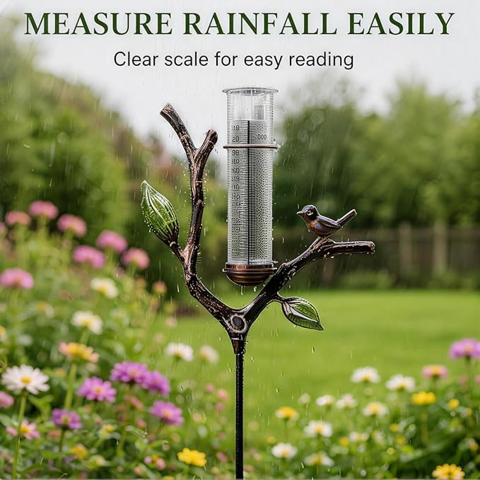 Outdoor Glass Rain Gauge with Stake Bird Shaped Yard Rainfall Measuring Tool 7 Inch