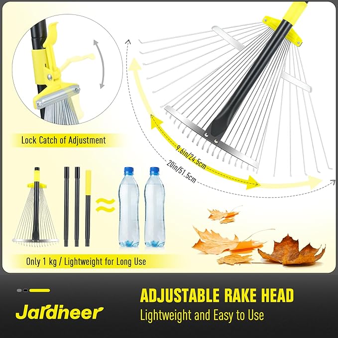 Jardineer Garden Rake for Leaves - Adjustable Metal Leaf Rake with Expandable Head and 59 Inch Long Handle, Rake for Camping, Debris, Tight Spaces and Yard Waste Removal