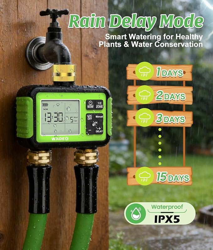 Sprinkler Timer with Brass Inlet Outlet for Garden Hose, Outdoor 2 Zone Water Hose Timer with Rain Delay/Auto/Manual/Child Lock, Rainpoint Drip Irrigation Controller for Lawn Yard Garden Watering