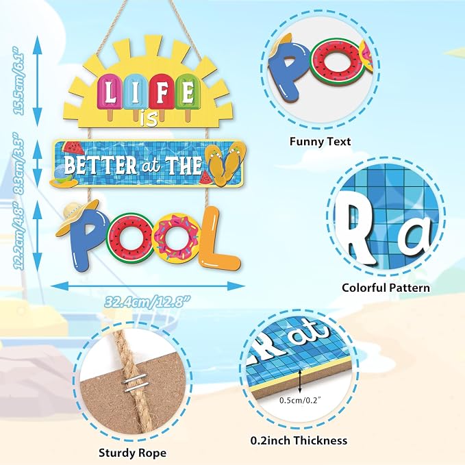 HOURIA Life is Better at The Pool Wood Hanging Sign,11.8 * 13.9 Inch Summer Sunshine Popsicle Swimming Pool Decor,Funny Pool Decorations for Outdoor Beach Party