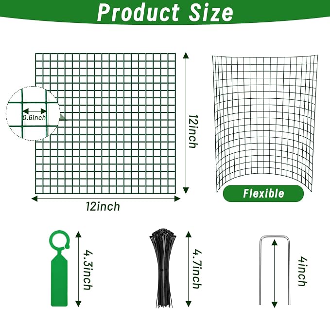 Plant Protectors from Animals - DIY Reusable Plant Cages for Outdoor Plants, Square Mesh Plant Covers Kits, 12"x12" Panels (6/18/30 Pcs) (18, Dark Green)
