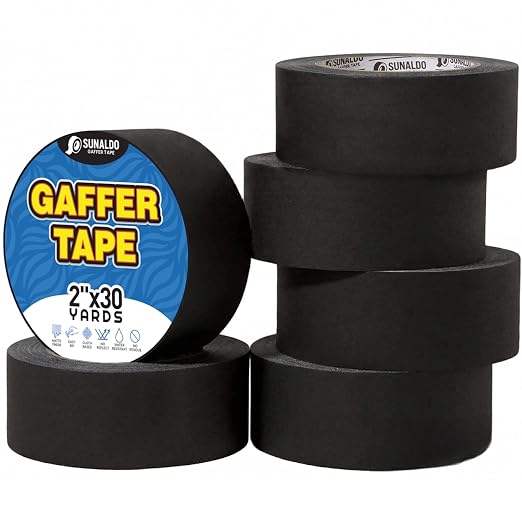 Gaffers Tape Heavy Duty, Easy to Rip, Residue-Free Professional Grade Floor Tape for Electrical Cords, Matte Finish Non Reflective, Weather Resistant (6, Black, 2" x 30 Yards)