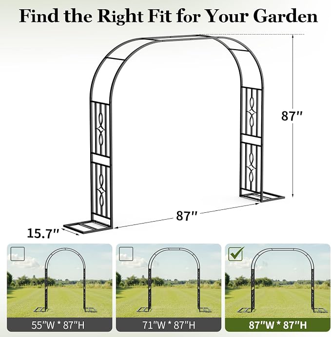 Metal Garden Arch, Heavy Duty Garden Trellis for Climbing Plants, with Enlarged Base for Stability, Ideal for Wedding Arches & Party Decorations, 87" W x 87" H