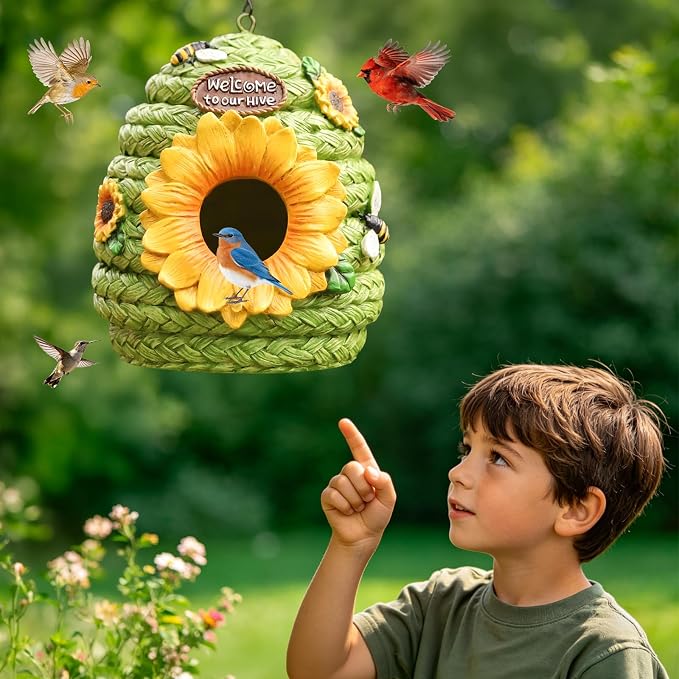 Bird Houses for Outside Green Cottage Resin Birdhouse, Garden Outdoor Decor Bird House with Sunflower and Bees, Birdhouses for Outdoors for Bluebird Finches Cardinals