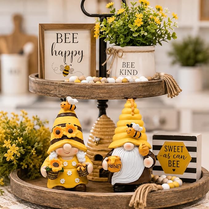 nuvagiki Bee Gnome Decor Set of 2, Honey Bee Gnome Figurines with Sunflower and Honey Pot, Rustic Farmhouse Bee Tiered Tray Decor for Spring Summer Kitchen Shelf Tabletop Decorations