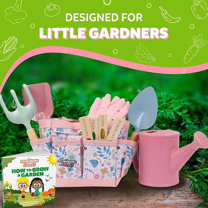 Kids Gardening Set – Toddler Gardening Kit Includes Watering Can for Kids, Shovel, Rake, Plant Stakes, Kids Gardening Gloves, Tote Bag & STEM Learning Gardening Guide Book - Pink Garden Tool Set