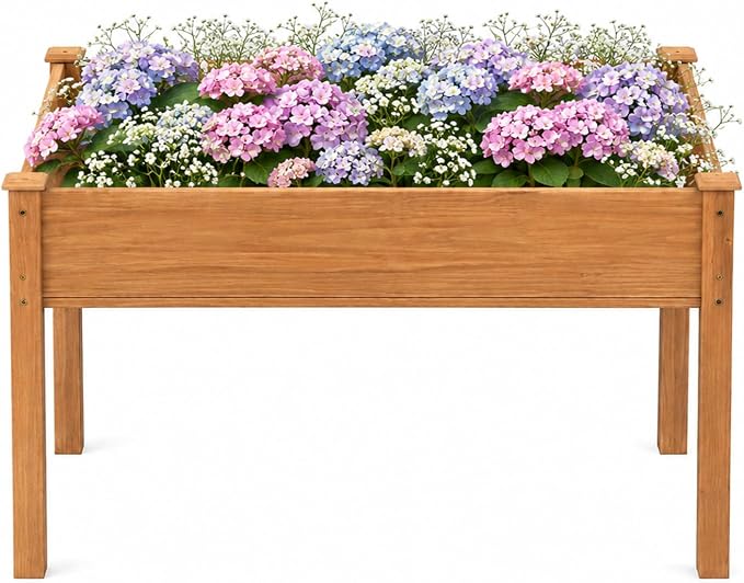 VINGLI 48.5"x22.5"x30" Wood Elevated Raised Garden Bed with Bed Liner, Heavy Duty Planter with Legs for Vegetables Fruits Potato Onion Flower, Outdoor Sturdy Long Lasting Planter Box (brown, no wheel)