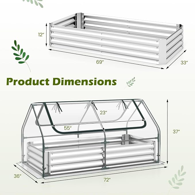 Giantex 3-in-1 Metal Raised Garden Bed with Greenhouse Cover, 6x3x3 FT Galvanized Elevated Outdoor Planter Box with Roll-Up Windows, Open Base Grow Box for Vegetables, Flowers and Herbs, Silver