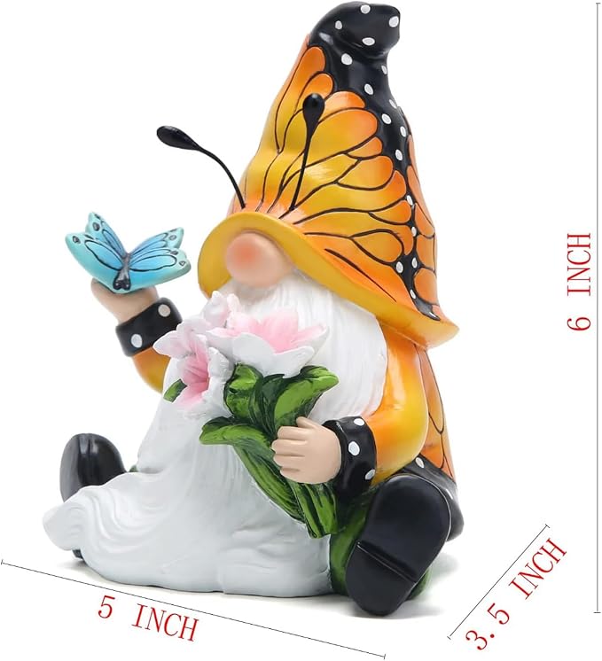 Hodao Butterfly Gnome Figurine Spring Decor, Cute Resin Gnome with Floral and Butterfly Design,Decorate for Shelves, Tiered Trays, Patios, and Garden, Gift for Mom Friends Housewarming Birthday