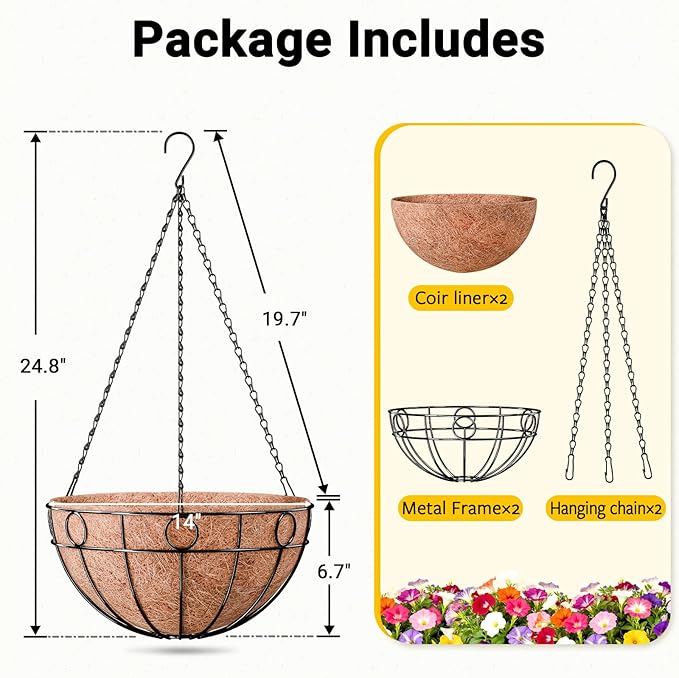 ZeeDix 2 Pack 14 Inch Metal Outdoor Plant Hanging Baskets, Round Wire Planter Basket with Coco Coir Liner, Large Hanging Flower Pots for Outdoor Garden Yard Patio Porch Balcony Decor