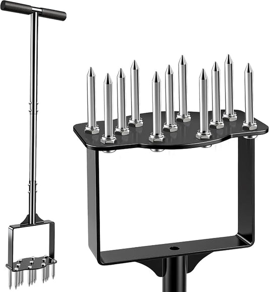Manual Lawn Aerator Tool with 11 Steel Spikes, Easy Step-On Soil Aerator for Yard & Garden, Heavy Duty Lawn Spike Aerator with Foot Bar & T-Handle, Improve Drainage & Thicker Grass