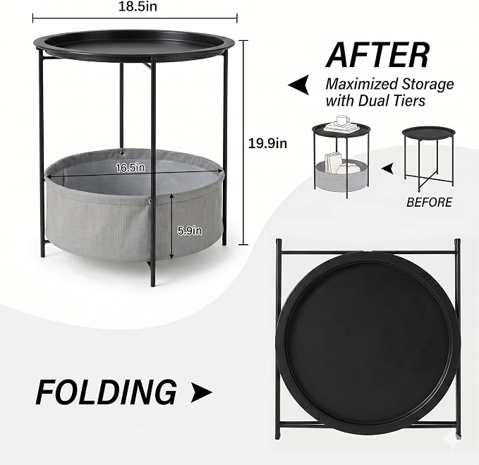 VECELO Round Side/End Table with Fabric Storage Basket，Metal Anti-Rust and Waterproof Small Bedside Nightstand with Removable Tray Top for Living Room，Balcony & Laundry，Black /1pcs with Basket