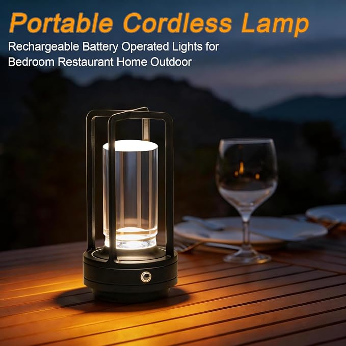Rechargeable Table Lamp Cordless, 3 Color | Crystal | Stepless Dimming, for Dining Room, Living Room, Bar, Cafe, Restaurant, Patio, Camping, (Black)
