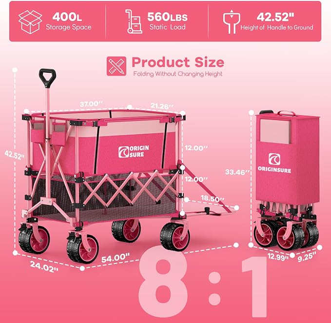 400L Double Decker Wagon Collapsible with 54" L Tailgate, 560lbs Heavy Duty Wagons Carts Foldable, Extra Large Folding Beach Wagon with Big All-Terrain Wheels for Camping, Sports, Groceries, Pink