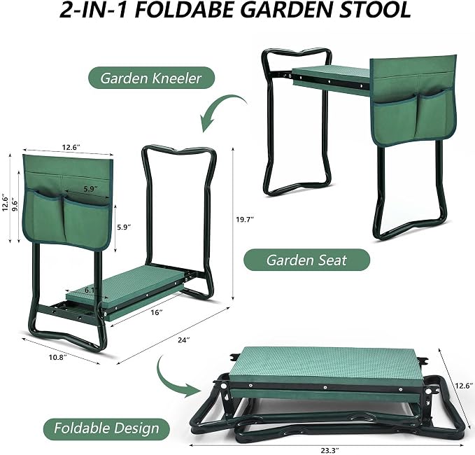 waltyotur Garden Kneeler and Seat Foldable Stool Kneeling Bench with Handles Garden Kneeler Bench Stools with Tool Bag Pouch EVA Foam Pad
