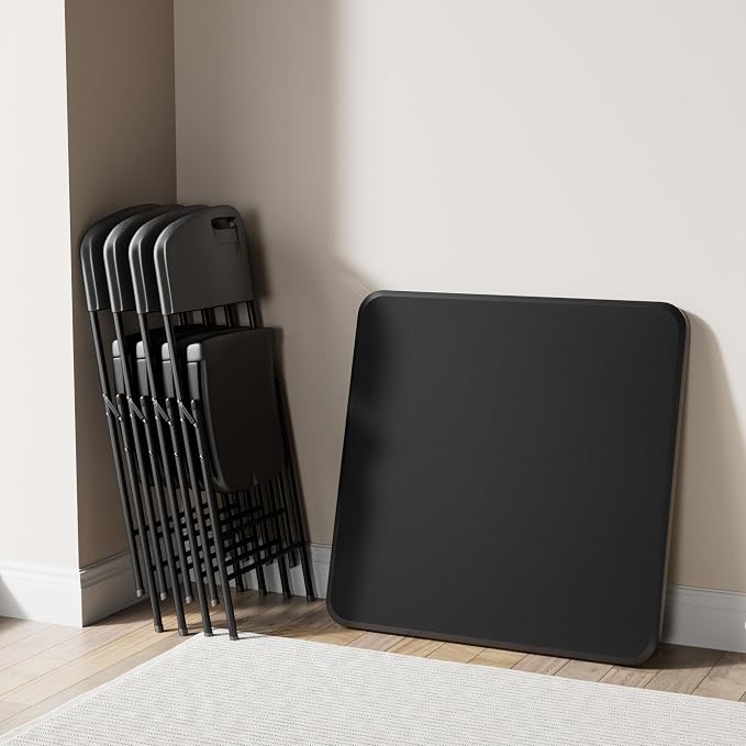 VECELO 5 Piece Folding Card Table Square and Chairs Set, Plastic Tabletop & Seat, Foldable & Portable for Indoor Outdoor Use, Black