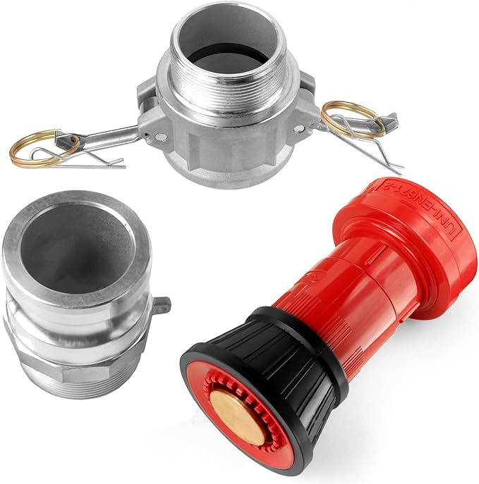 Fire Hose Nozzle,1-1/2 inch NPSH Heavy-Duty Industrial Fire Hose Constant Flow Fog Nozzle with 2pcs 1.5" Aluminum Camlock Fitting Coupling Equipment