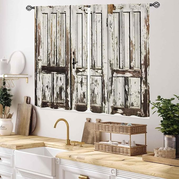 Rustic Wooden Curtains, Farmhouse Old Barn Door Country Cottage Western Barnwood Garage Printed Blackout Window Drapery Treatments for Kitchen Living Room Bedroom 2 Panels Set, 55x39 Inch