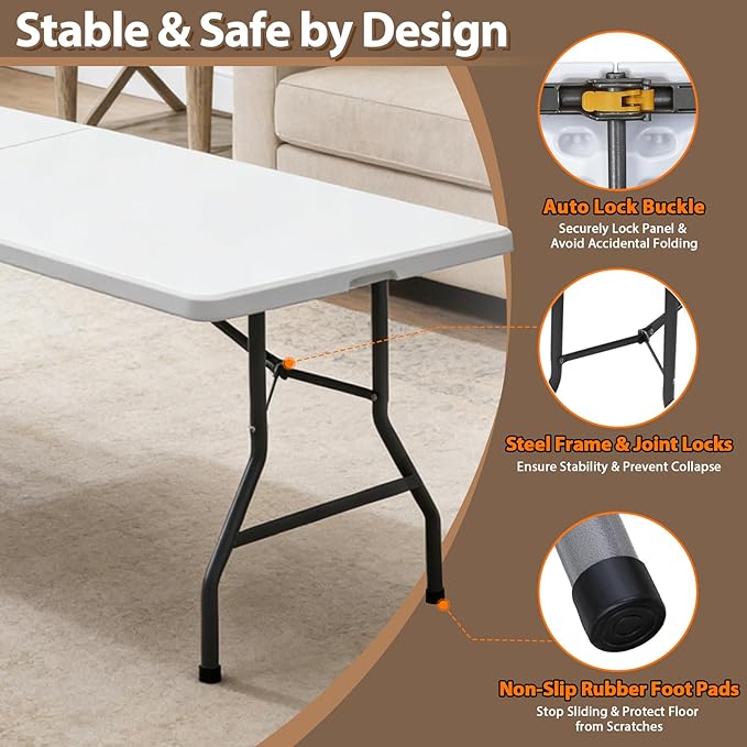 SUPER DEAL 8FT Folding Picnic Table for Indoor Outdoor, Portable Fold-in-Half Plastic Dining Camping Party Table with Carrying Handle