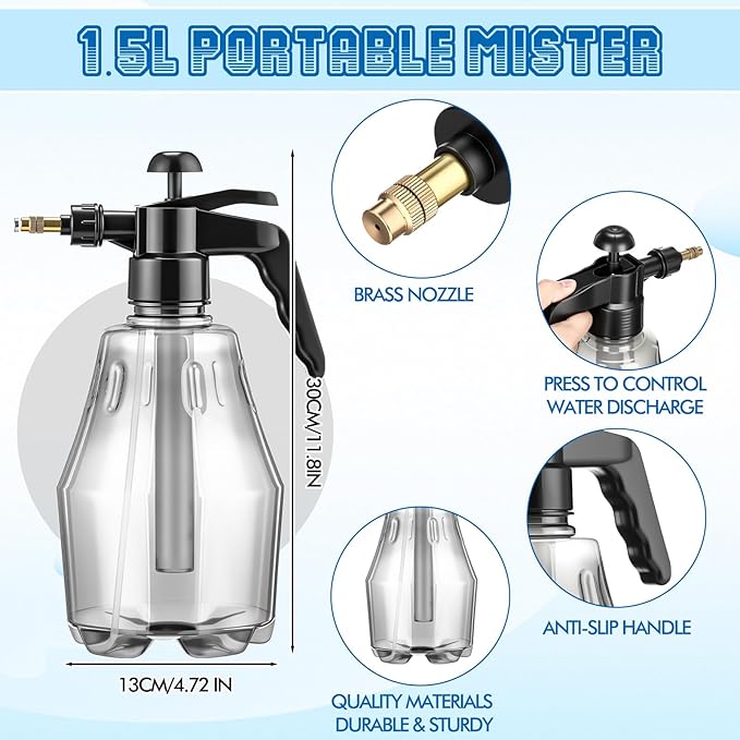 Teenyyou 2 Pcs 1.5 Liter Misters Spray Pump Bottle with Full Neoprene Jacket and Built in Carrying Strap Garden Plant Mister Spray Bottle for Spring Personal Cooling Plants Watering (Black)
