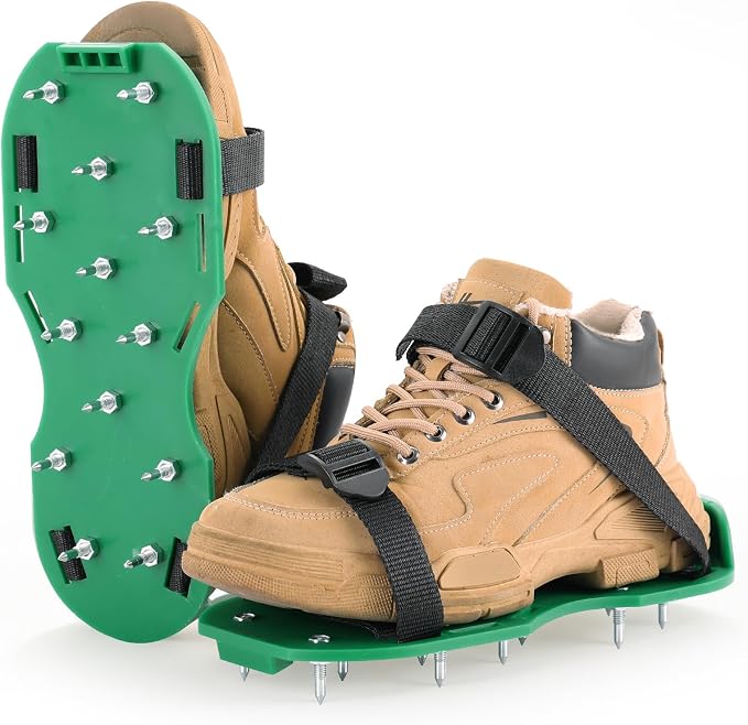 Lawn Aerator Shoes with 1.1''Spikes | Aerating Sandals with Adjustable Hook & Loop Straps, Spike Shoes for Epoxy Flooring, One-Size-Fits-All Yard Garden Grass Soil Aeration Tool (Green)