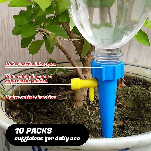 10 Pack Plant Watering Devices - Self Watering Planter Insert Spikes with Adjustable Valve, Automatic Watering Bulbs for Indoor & Outdoor Pots, Vacation Plant Watering System