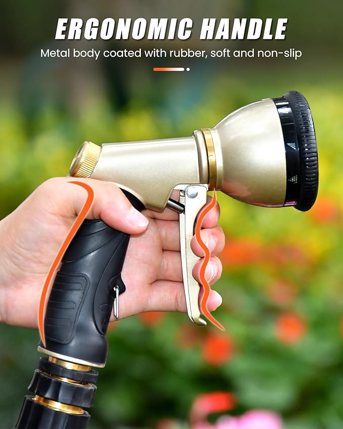 RAINPOINT Garden Hose Nozzle, 9 Spray Patterns Hose Sprayer Nozzle, Heavy Duty Metal Water Hose Nozzle, Adjustable Hand Sprayer, Watering Plants and Lawn, Pet Showering (Nozzle, Orange)