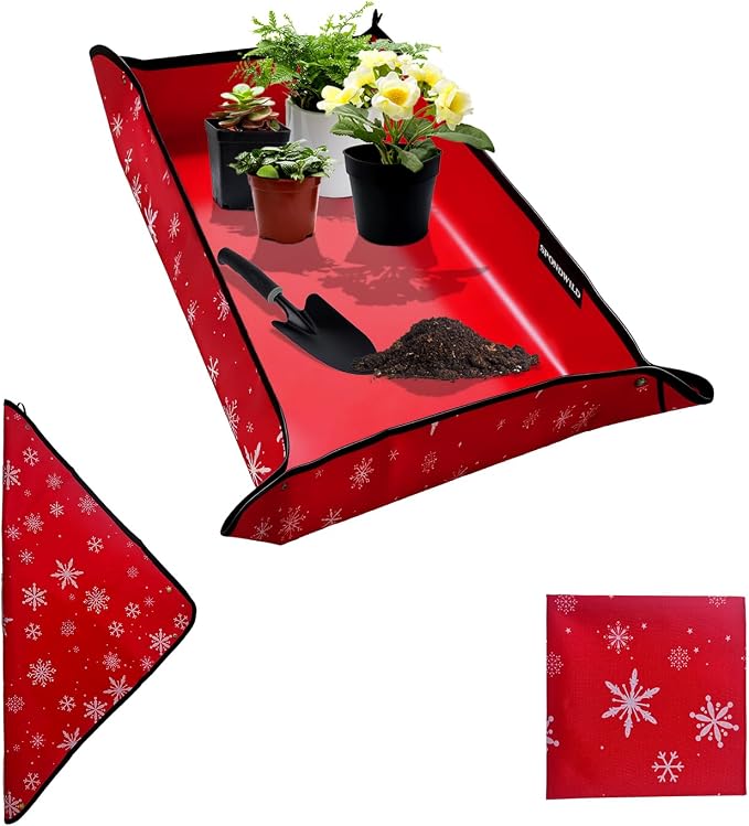 Plant Transplanting Mat - Thickened Waterproof Potting Mat, Succulent Gardening Mat, Portable Repotting Mat for Mess Control, Indoor Outdoor Use (PVC-Red Snowflake 39.5 x 31.5)
