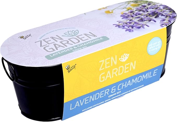 Buzzy Seeds Chamomile & Lavender Wellness Grow Kit - Metal Windowsill Planter - Complete Indoor/Outdoor Gardening Kit with Seeds, Coconut Husk Growing Medium & Genuine Pots - 100% Grow Guarantee