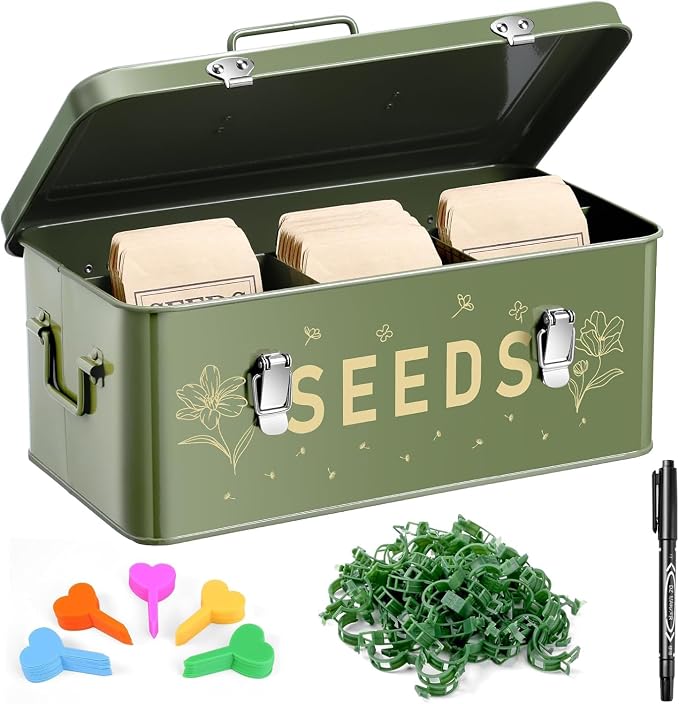 Seed Storage Organizer Box with 4 Compartments, Metal Seed Saving Container with Lockable Lid and Safety Locks, Includes 50 Envelopes, 100 Plant Labels, 50 Clips and Marker (Olive Green)