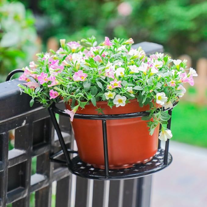 HowRU Iron Art Hanging Baskets Flower Pot Holder - Over the Rail Metal Fence Planters - Pack of 3 - Black