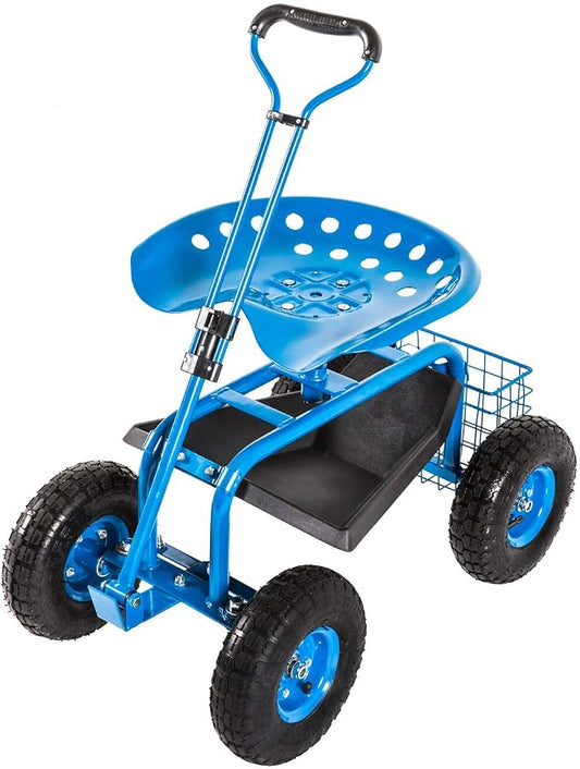 kinbor Garden Cart Rolling Work Seat with Tool Tray Outdoor Utility Lawn Patio Yard Wagon Scooter for Planting with Adjustable Handle 360 Degree Swivel Seat, Blue