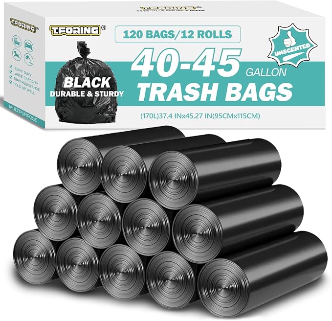 40-45 Gallon Trash Bags Unscented, 35'' x 40'', Black, 120 Count | Large 40+ Gal Garbage Bag,Plastic Can Liners,Fit 131 - 168 Liter Bins,Multipurpose for Home, Commercial Use,Yard Waste, Bulk