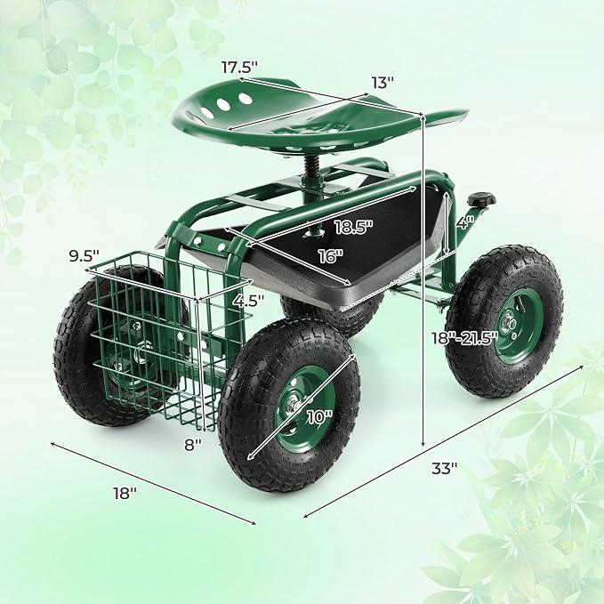 DORTALA 4-Wheel Rolling Garden Cart Work Seat with 360 Swivel & Height Adjustable Seat, Heavy Duty Planting Cart with Storage Basket, Green