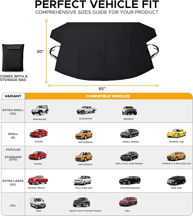 EcoNour Jeep Windshield Snow Cover | Durable 600D Oxford Fabric Winter Car | Windshield Ice Cover for Jeep Wrangler, Bronco, Gladiators | X-Small