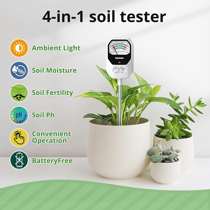 4-in-1 Soil Moisture Meter Soil Moisture/Fertility/PH Meter/Sunlight Intensity Soil Test Meter for Gardening, Farming and Outdoor Plants
