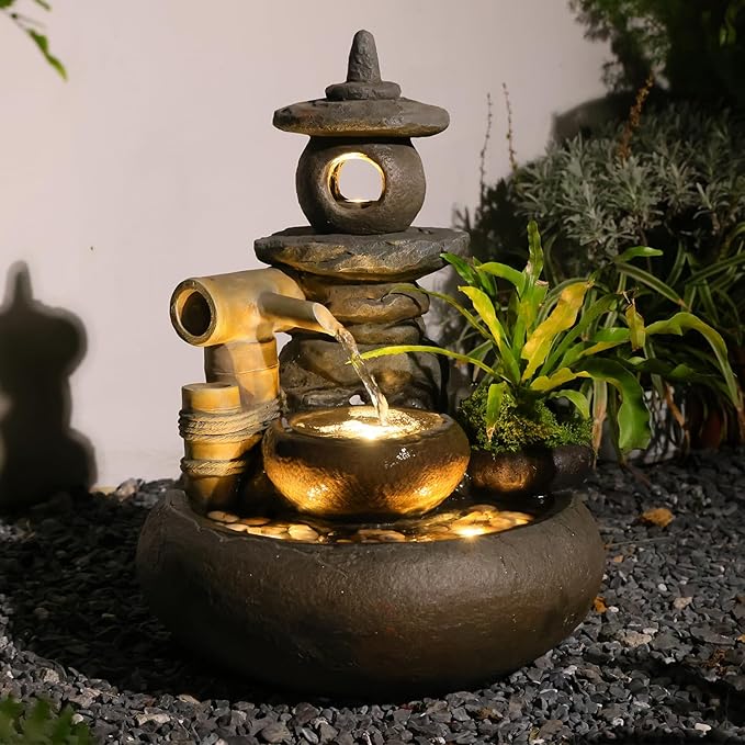 21" H Pagoda and Bamboo Outdoor&Indoor Outdoor Water Fountain, Natural Zen Decor Desian Outside Waterfall with LED Lights - Suitable for Garden/Patio/Yard/Deck/Balcony and Home Art Decor Resin