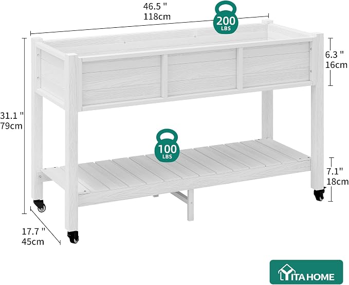 YITAHOME Raised Garden Bed HDPE, 47x18x31In Raised Flower Bed Poly-Wood Weather-Resistant Elevated Planter Box with Lockable Wheels & Storage Shelf for Vegetable Flower, White