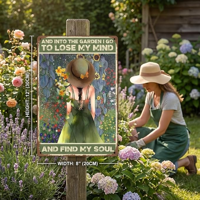 "Into The Garden I Go To Lose My Mind And Find My Soul" Metal Sign, Retro Gardener Girl Poster, 8x12 Inch Outdoor Garden Decor for Yard Fence Patio, Spiritual Gardening Gift for Women
