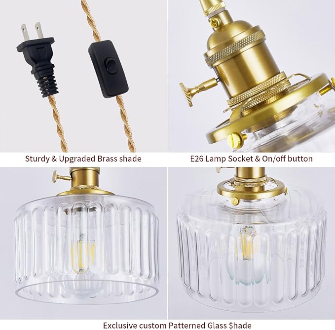 Plug in Pendant Light, Hanging Lights with Plug in Cord, Hanging Light Fixture with Clear Glass, E26 Pendant Lighting for Kitchen Island, Bedroom, Living Room-Transparent Color