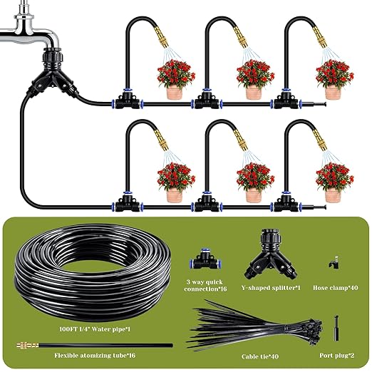 Drip Irrigation System,100 Ft Quick-Connect Garden Sprinkler Kit with 16pcs 360° Adjustable Nozzles for Garden, Lawn, Greenhouse, Raised Beds & Outdoor Plants