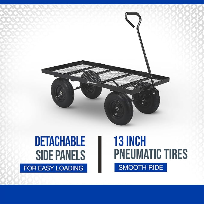 Strongway Steel Jumbo Garden Wagon with Removable Sides, 1400 Lb Capacity, 50 in. L x 24.1 in. W x 26.75 in. H, 13 in. Pneumatic Tires, Fold Down Panels, for Yard, Farm and Landscaping