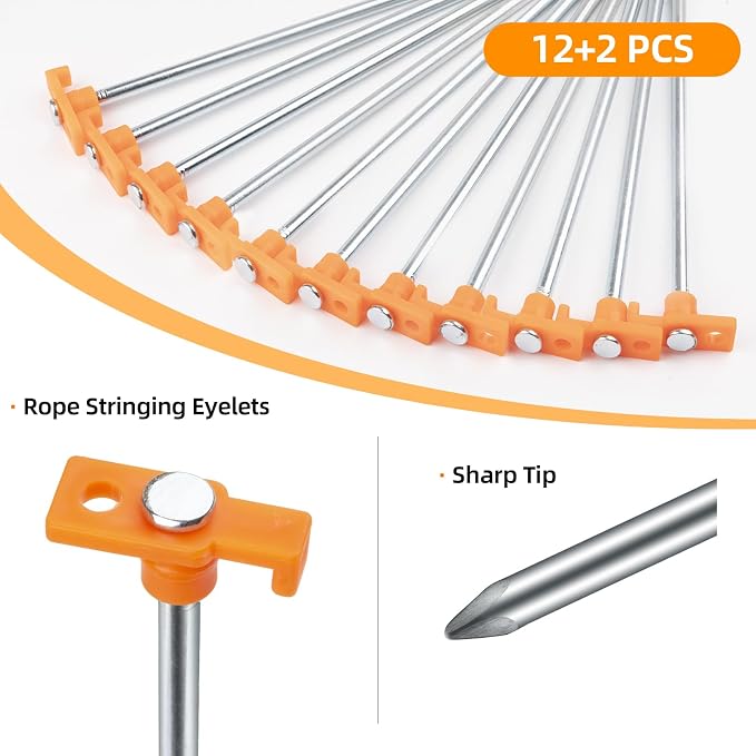Tent Stakes Heavy Duty Camping Stakes,AVOFOREST 9.8inch Non-Rust Metal Tent Pegs Ground Stakes Tent Spikes Camping,Garden,Hiking Orange(Orange 12+2pcs, 10IN)