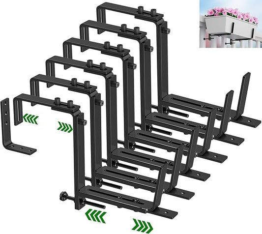 HFHOME 6PCS Adjustable Planter Box Brackets, Brackets for Window Boxes Planters Hanging Flower Box Holders, Wall Mount Holder for Windowsills, Garden, Fences, and Balcony - Black (Patent Registered)