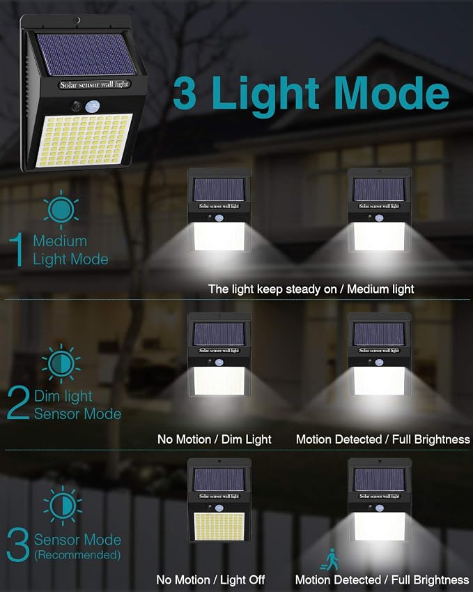 4 Pack Solar Motion Lights Outdoor, 3 Modes/100LED Solar Security Wall Lights Outdoor Wireless IP65 Waterproof for Front Door, Backyard, Garage, Deck