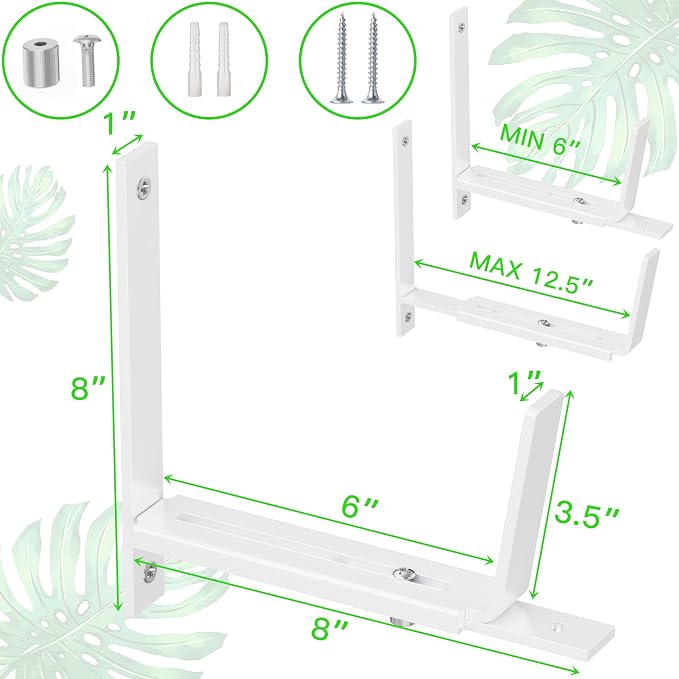 Y&M Adjustable Planter Box Brackets, Brackets for Window Boxes Planters, 2 Pack Universal White Steel Mounting Durable, Suitable for Fence Pergola Patio Garden Balcony