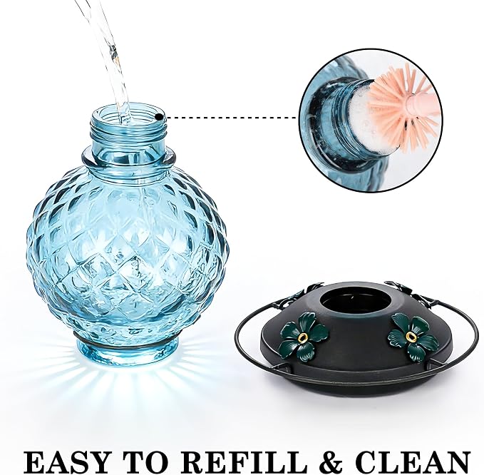 25 OZ Glass Hummingbird Feeder for Outdoors, Leak Proof Hummingbird Feeder with Ant Moat, 4 Bee Resistant Feeding Ports, Easy Clean Wide Mouth Design, 360° Perch, Hanging Nectar Feeder, Blue